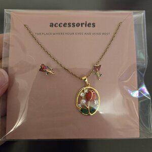 Red flower necklace and earrings set